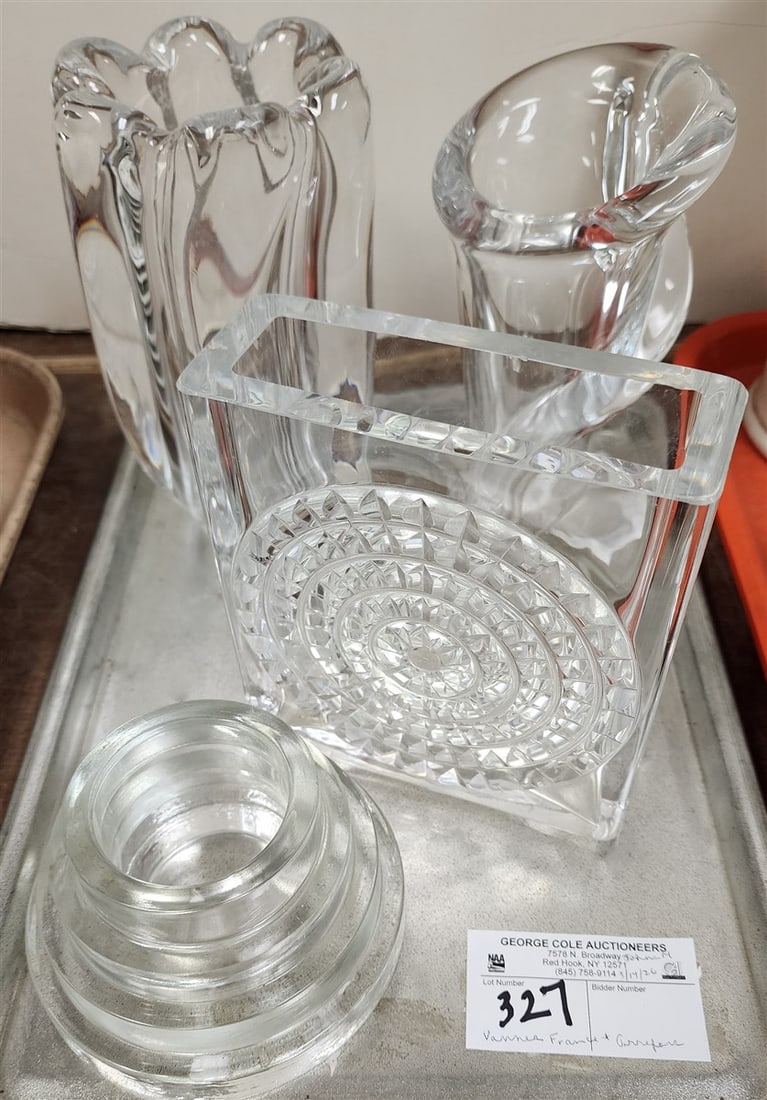 Tray Crystal Vases - Vannes Chatel France Vase 7 1/4", Orrefors 7 1/2", Sgnd Vase 6" H X 5 1/2" W X: Tray Crystal Vases - Vannes Chatel France Vase 7 1/4", Orrefors 7 1/2", Sgnd Vase 6" H X 5 1/2" W X 2 1/4" D, Etc.