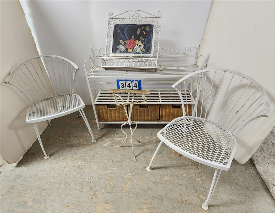 Lot Wrought Furniture - Pr. Chairs 29 1/2" H X 23" W X 18 1/2" D, 3 Tier Stand 32" H X 40" W X 11" (1 of 2)
