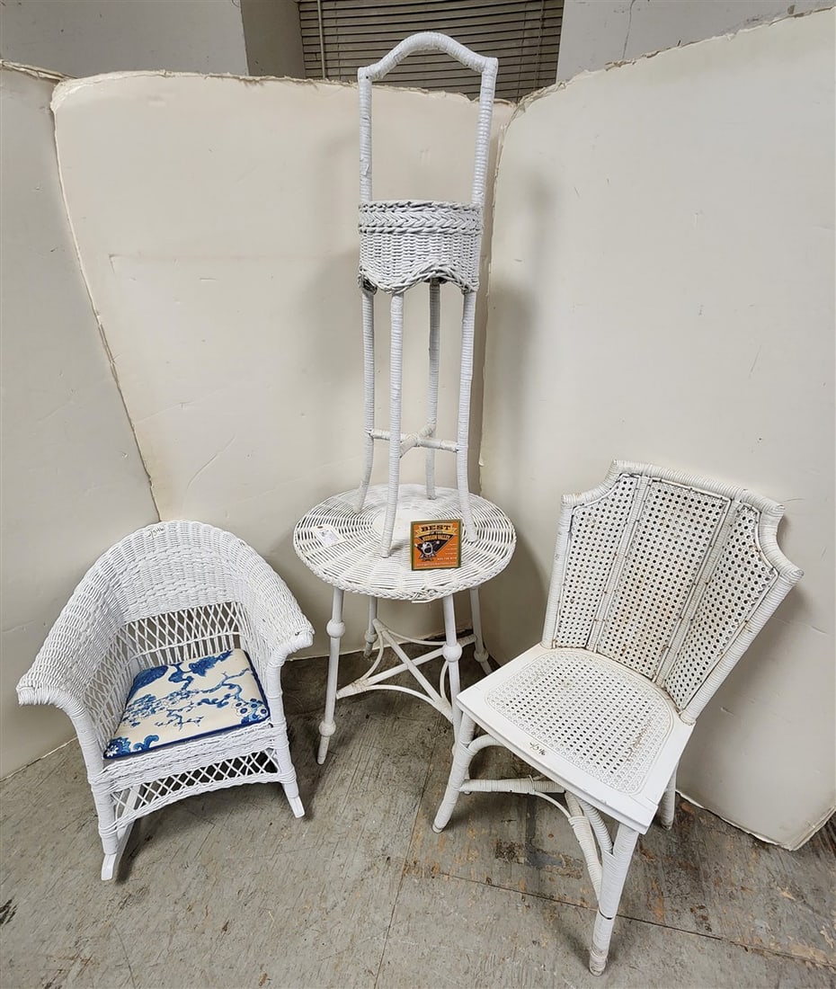 4 Pc. Wicker - Table 26" H X 21" Diam., Childs Rocker 25" H X 23" W X 13" D, Sm. Stand 34" H X 9" (1 of 3)