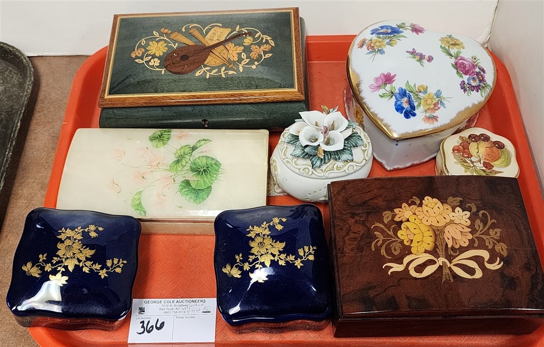 Tray 10 Dresser Boxes - 2- Italian Wood Inlaid Jewelry Bx's w/Music Bx 2 1/2" H X 6" W X 4 1/2" + 3": Tray 10 Dresser Boxes - 2- Italian Wood Inlaid Jewelry Bx's w/Music Bx 2 1/2" H X 6" W X 4 1/2" + 3" H X 8" W X 5" D, Alabaster Bx 1 1/2" H X 7 1/4" X 3 3/4", Limoges, Etc.