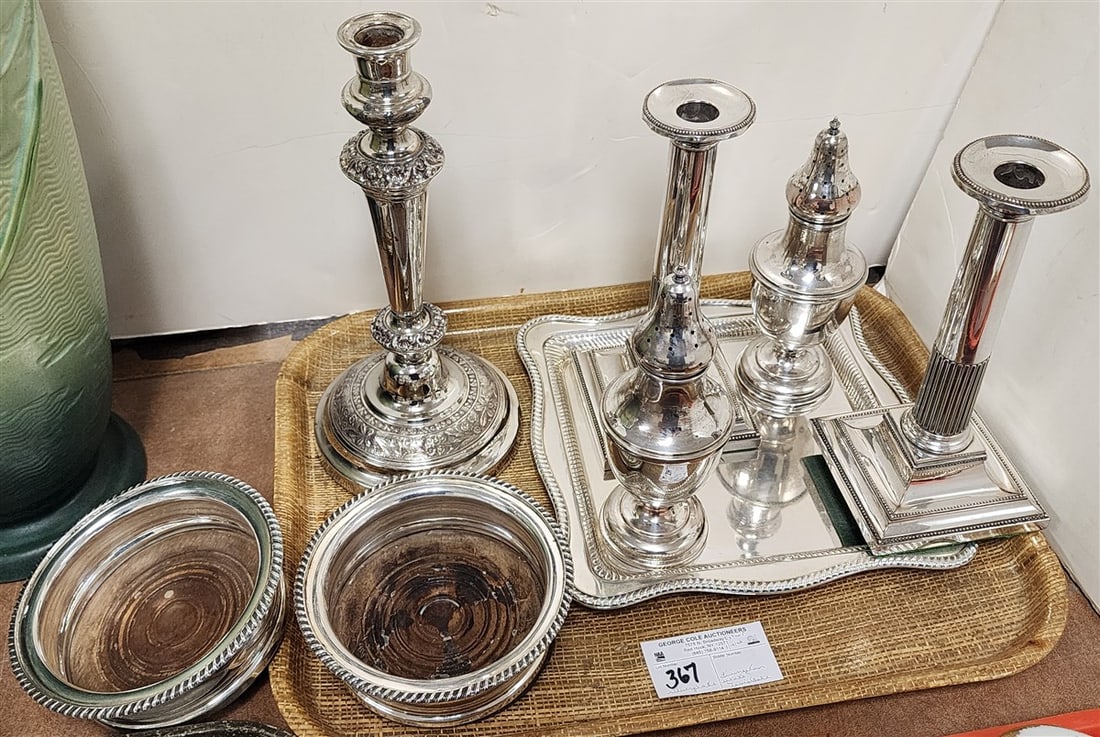 Tray Vintage Silverplate - Pr. Sheffield Candlesticks 9" H, Pr. Powder Shakers 8 1/2", Sheffield: Tray Vintage Silverplate - Pr. Sheffield Candlesticks 9" H, Pr. Powder Shakers 8 1/2", Sheffield Candlestick 2", 2- Wine Coasters 2" H X 6" Diam. + Tray 10" Sq. (From The Livingston Estate,