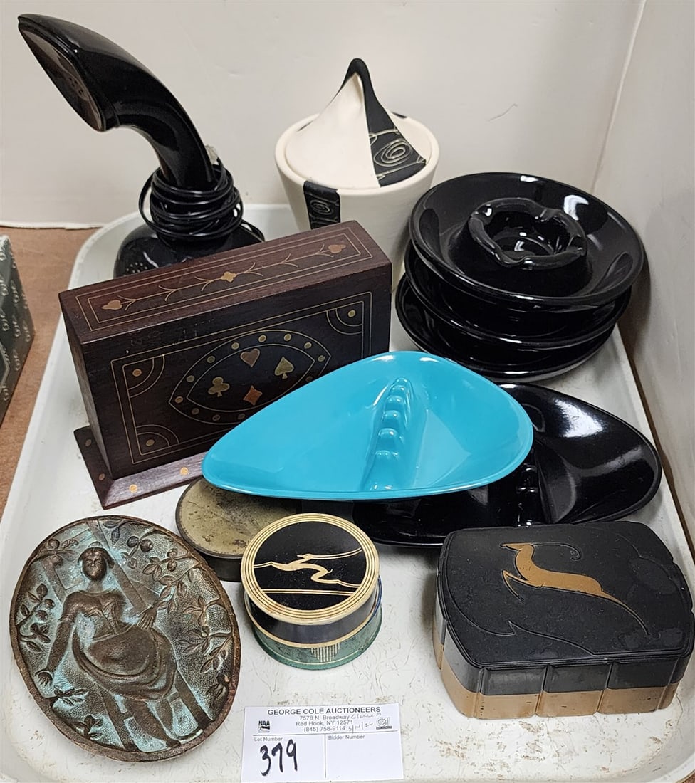 Tray Deco Items - Erico Fon Telephone, Rosewood Playing Card Holder w/Brass Inlay 4 1/2" H X 7 1/2": Tray Deco Items - Erico Fon Telephone, Rosewood Playing Card Holder w/Brass Inlay 4 1/2" H X 7 1/2" W X 2 1/2" D, 3- Hall Ashtrays 1 1/2" H X 5 1/2" Diam. + 2- Anholt Ashtrays 1' H X 7" W X 4" +