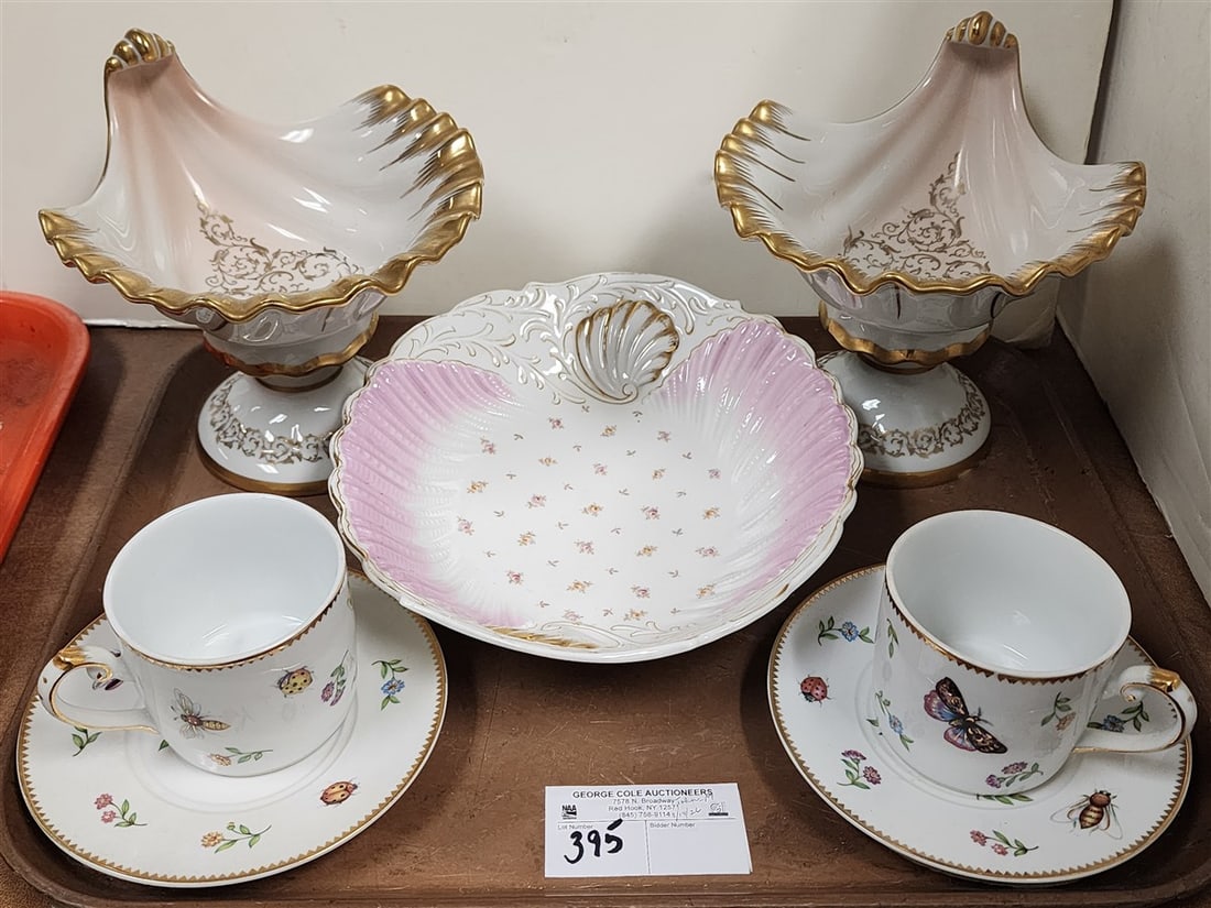 Tray Porcelain - Pr. Shell Shaped Compotes 7" H 7" W X 8" D, Limoges Bowl 2 1/4" H X 10 1/2" W X 9": Tray Porcelain - Pr. Shell Shaped Compotes 7" H 7" W X 8" D, Limoges Bowl 2 1/4" H X 10 1/2" W X 9" D + Pr. Godinger Cups/Saucers