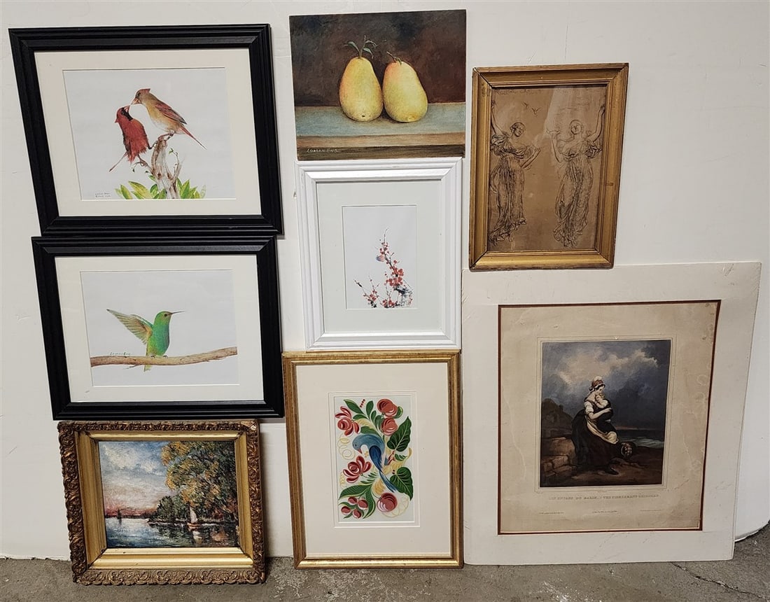 Bx 9 Framed items - Pr. Pastels Of Birds Sgnd Loman Eng, O/B Landscape, Engravings + Prints: Bx 9 Framed items - Pr. Pastels Of Birds Sgnd Loman Eng, O/B Landscape, Engravings + Prints