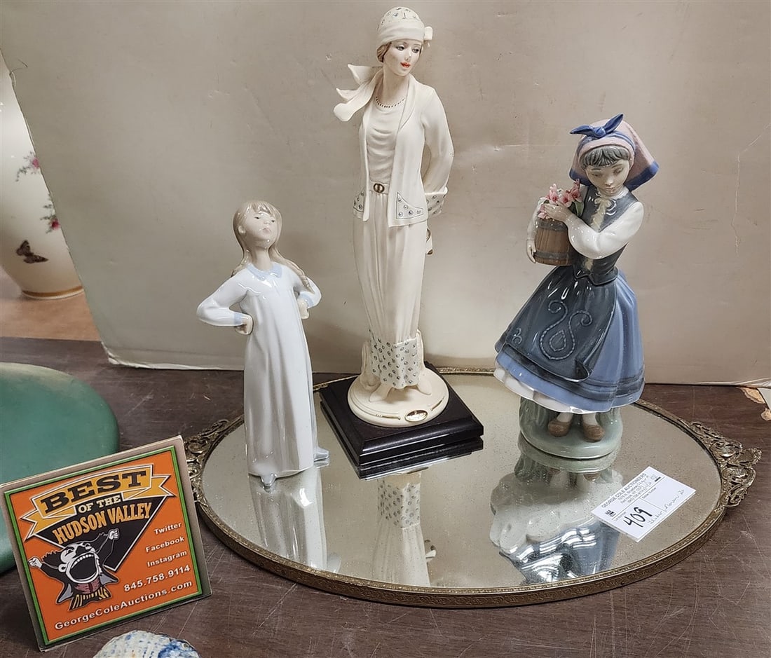 Mirrored Dresser Tray w/2 LlAdro Figurines 10 14/2" + 8", Florence By Armani Figurine 13", Etc.: Mirrored Dresser Tray w/2 LlAdro Figurines 10 14/2" + 8", Florence By Armani Figurine 13", Etc.