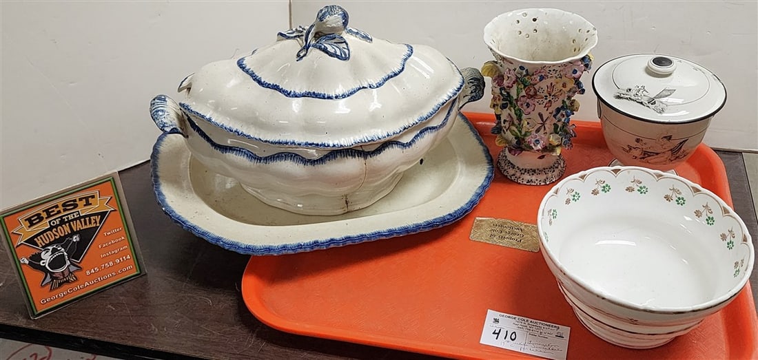 Tray 19th C Items - Feather Edge Tureen 8" H X 13" W X 7" D (Has Crack) w/Platter 14" X 10 1/2,: Tray 19th C Items - Feather Edge Tureen 8" H X 13" W X 7" D (Has Crack) w/Platter 14" X 10 1/2, Porcelain Frill Vase 6 3/4" H, Early Transfer Sugar Bowl, Etc. (From The Livingston Estate, Teviotdale)