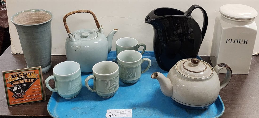 Lot Pottery - 2 Teapots, 4 Cups, Vase, Pitcher + Flower Canister (From The Livingston Estate, (1 of 5)