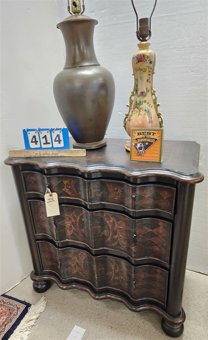 3 Drawer Ptd. Chest 29" H X 29" W X 15" D w/2 Lamps, Brass Lamp 28 1/2" H + Ceramic 29": 3 Drawer Ptd. Chest 29" H X 29" W X 15" D w/2 Lamps, Brass Lamp 28 1/2" H + Ceramic 29"