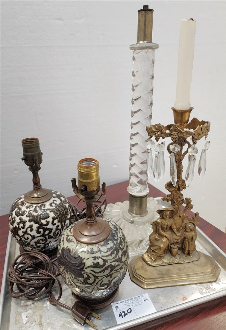 Tray Lamps - 19th C Brass 13" H Girandole, Pr. Glazed Pottery Lamps 11" H + Pressed Glass Lamp Base (1 of 2)