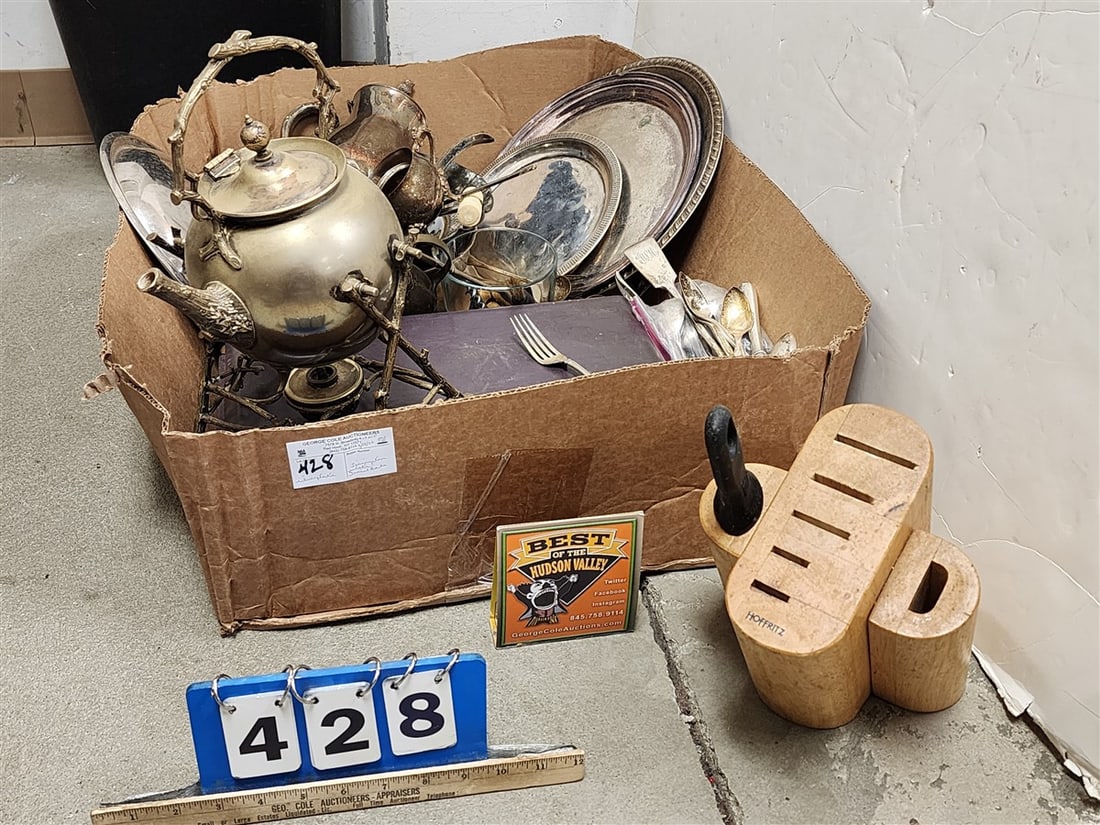 Bx Silverplate - 32 Pc. Flatware Set, 3 Pc. Tea Set, Trays, Cups, Etc. (From The Livingston Estate,: Bx Silverplate - 32 Pc. Flatware Set, 3 Pc. Tea Set, Trays, Cups, Etc. (From The Livingston Estate, Teviotdale)