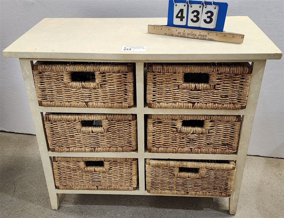 Wooden Cabinet w/6 Woven Drawers 30" H X 31 1/2" W X 14" D: Wooden Cabinet w/6 Woven Drawers 30" H X 31 1/2" W X 14" D
