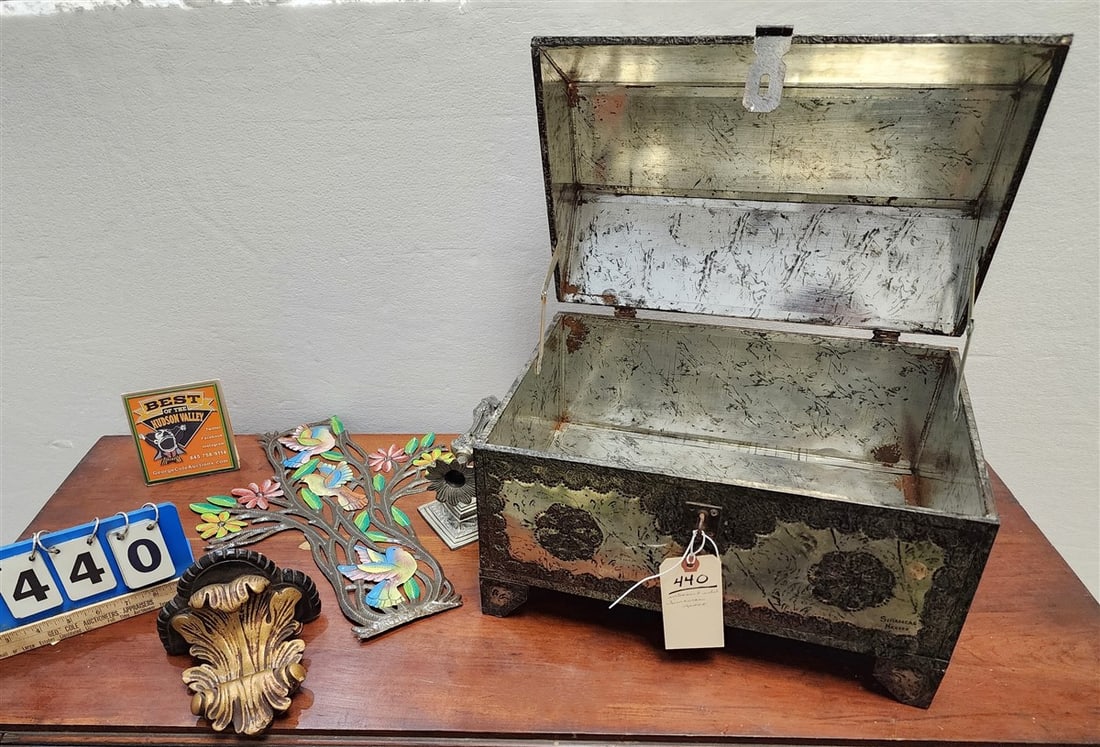 Embossed Metal Covered Box From Simancas Mexico 11" H X 15" W X 11" D w/Contents: Embossed Metal Covered Box From Simancas Mexico 11" H X 15" W X 11" D w/Contents