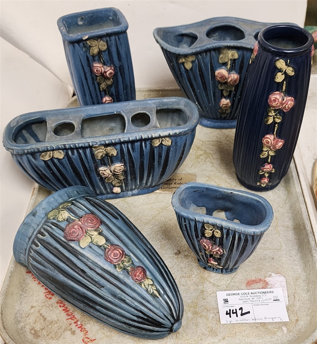 Tray 6 Pcs. Weller Blue Drapery Pottery - Wall Pocket 8", Vase 4"H X 9 1/2" W X 3" D (Chip On Base),: Tray 6 Pcs. Weller Blue Drapery Pottery - Wall Pocket 8", Vase 4"H X 9 1/2" W X 3" D (Chip On Base), Vase 6" H X 8" W X 3 1/4" (Chip On Base), 2 VAses 8 1/2" H + 7"-(Chip On Lip)