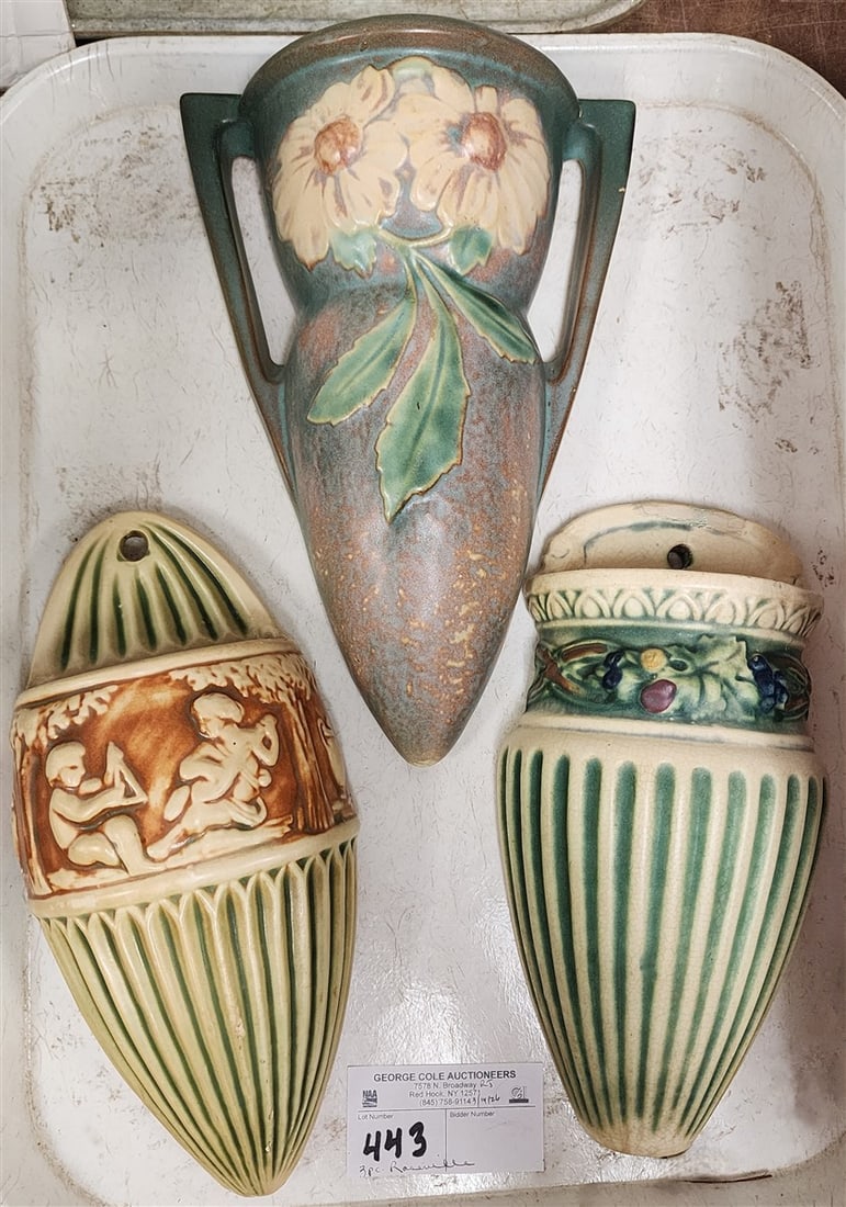 Tray 3 Roseville Wall Pockets - 10" Donatello, 10" Peony (Handle Has been Repaired) + 9 1/2" (1 of 2)