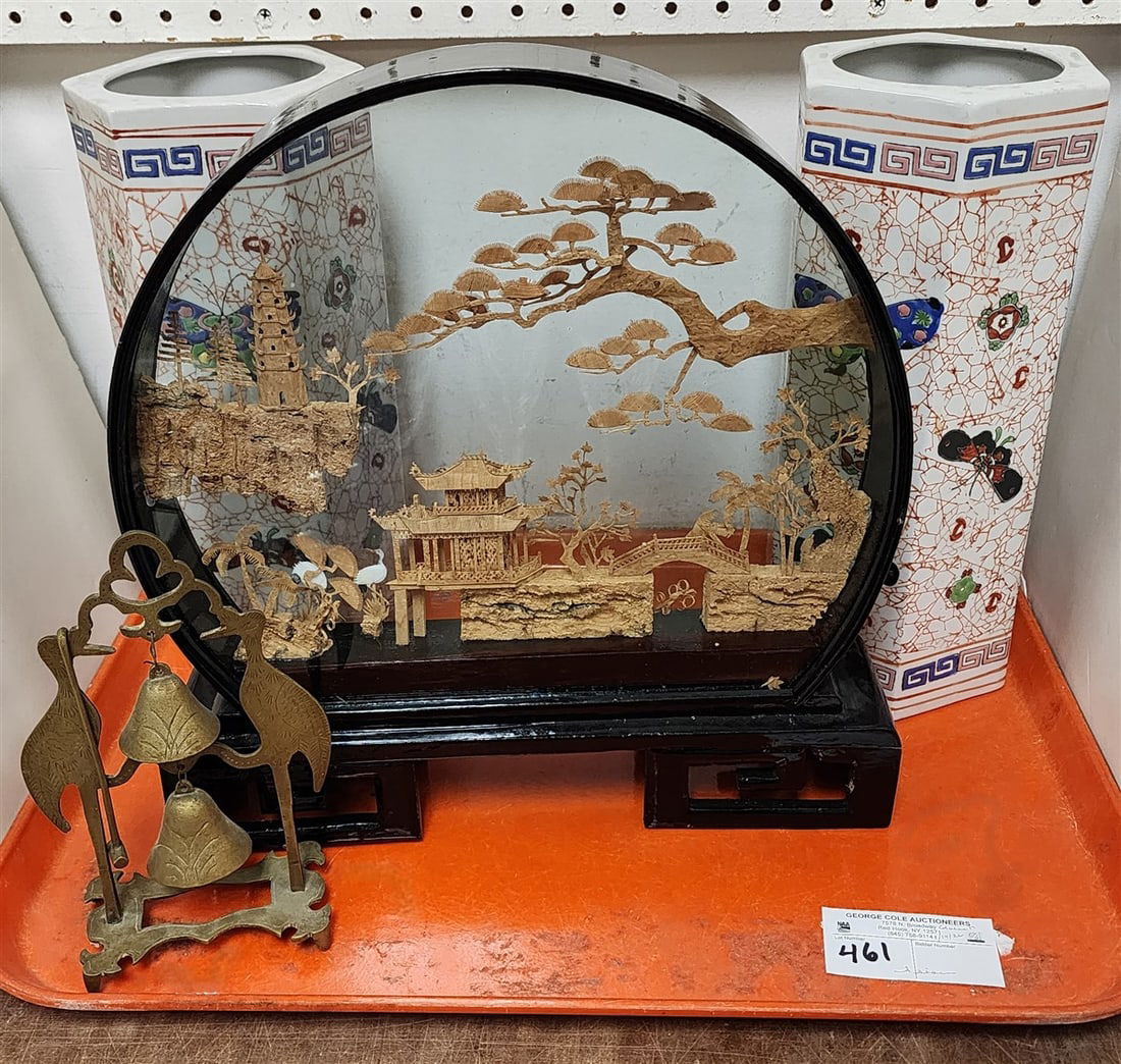 Tray Asian Pcs. - Carved Cork Diorama 14" H X 13 1/2" W X 3 1/4" D, Pr. Porcelian Vases 12 1/2" H +: Tray Asian Pcs. - Carved Cork Diorama 14" H X 13 1/2" W X 3 1/4" D, Pr. Porcelian Vases 12 1/2" H + Brass Stand w/Bells
