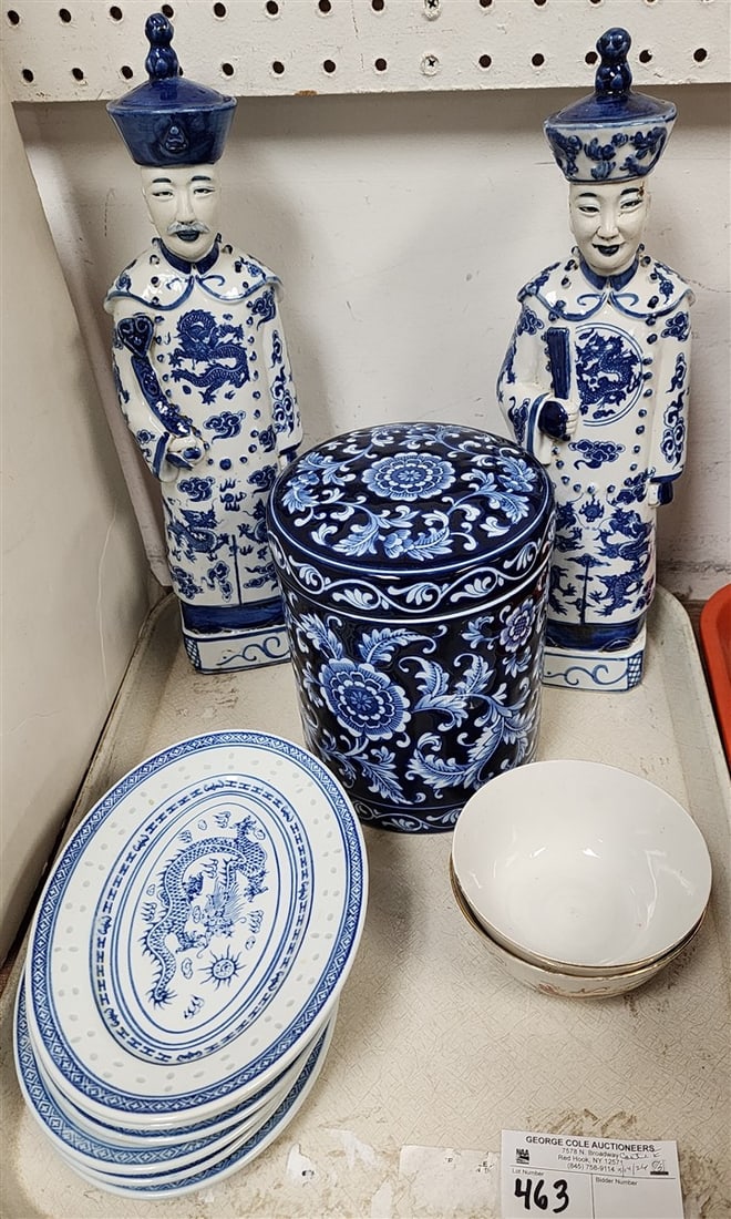 Tray Chinese Blue & White Porcelian - Pr. Figurines 14 1/2" + 14", Covered Canister 7 1/2" X 5 1/2": Tray Chinese Blue & White Porcelian - Pr. Figurines 14 1/2" + 14", Covered Canister 7 1/2" X 5 1/2" Diam., 6- Plates 8" X 5 3/4" Diam., Etc.