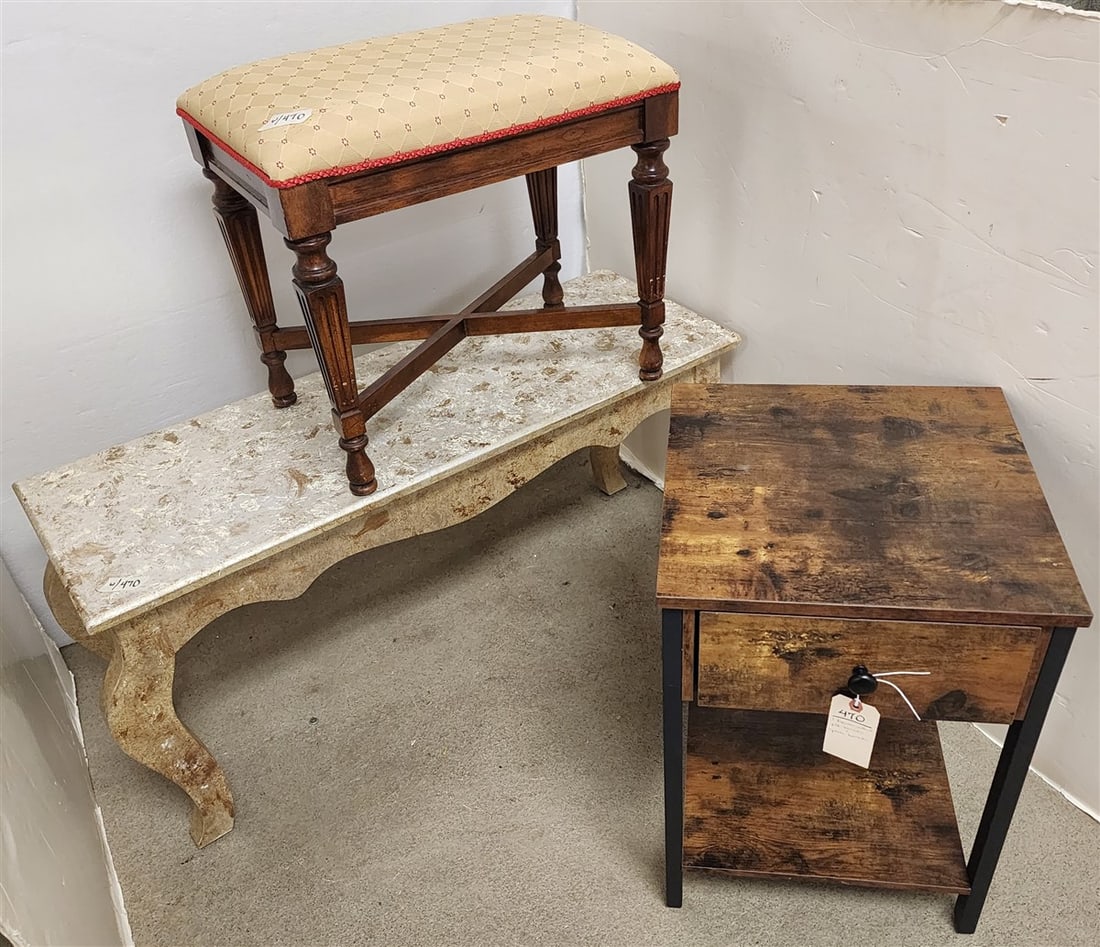 1 Drawer Stand 22"H X 15 1/2" Sq., Ptd. Wooden Bench 18 1/2" H X 39 1/2" W X 14" D + Uphols. Bench (1 of 2)