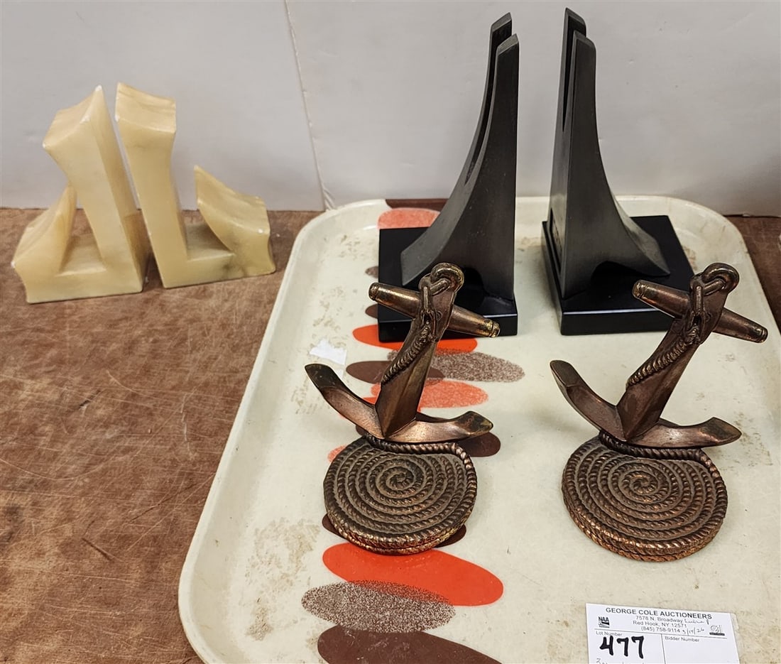 Tray Bookends - Pr. Metal Sgnd W. Macowski, Pr. Marble + Pr. Metal Anchors: Tray Bookends - Pr. Metal Sgnd W. Macowski, Pr. Marble + Pr. Metal Anchors