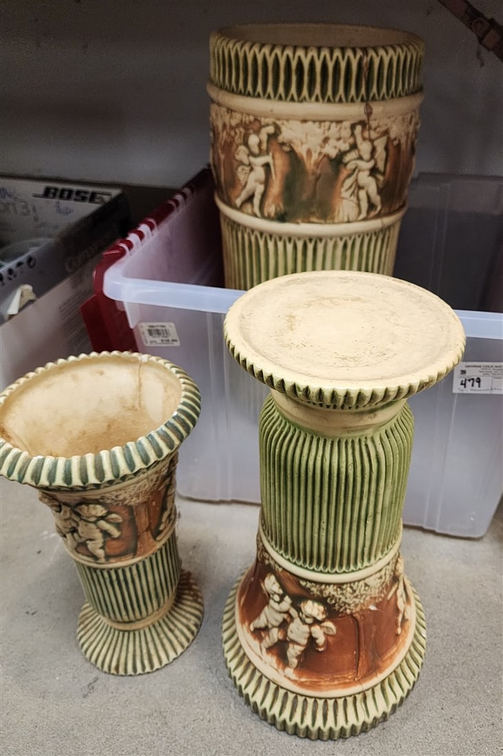 Tub 3 Roseville Donatello - Umbrella Stand 20 1/2" X 9 3/4" Diam., Stand 15" H + Vase 12" H (All: Tub 3 Roseville Donatello - Umbrella Stand 20 1/2" X 9 3/4" Diam., Stand 15" H + Vase 12" H (All Have Damages)