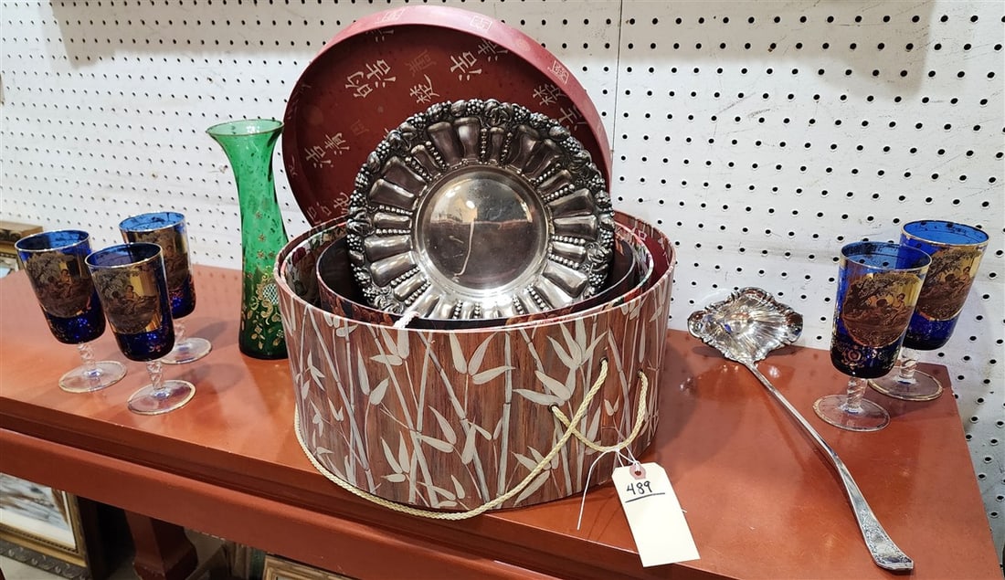 Nest Of 3 Hat Boxes w/Silverplate Tray & Ladel + 4 Cobalt Stemmed Glasses: Nest Of 3 Hat Boxes w/Silverplate Tray & Ladel + 4 Cobalt Stemmed Glasses