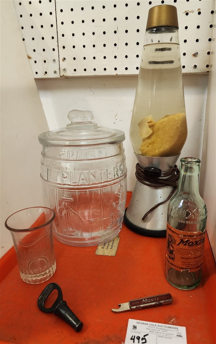 Vintage Lava Lamp, Planters Peanut Canister, Vintage Moxie Bottle + 2 Bottle Openers: Vintage Lava Lamp, Planters Peanut Canister, Vintage Moxie Bottle + 2 Bottle Openers
