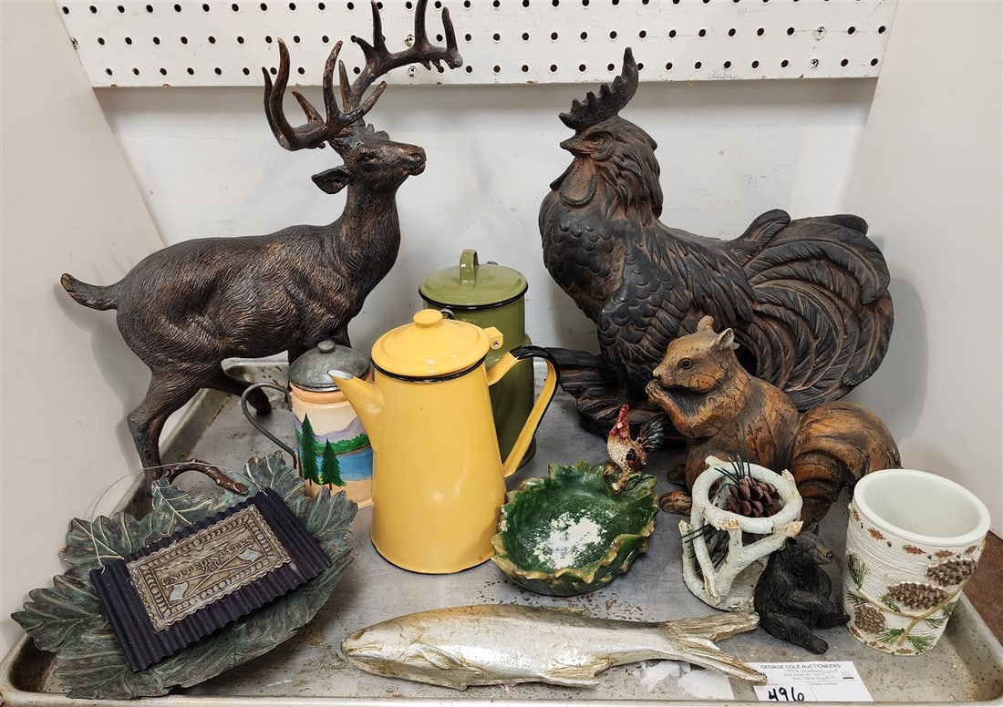 Tray Adirondak Items - Stag, Rooster, Squirrel, Enameled Tea Pot, Etc.: Tray Adirondak Items - Stag, Rooster, Squirrel, Enameled Tea Pot, Etc.