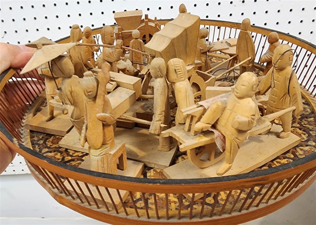 Lot 17 Chinese Wooden Figurines & Woven Straw Basket: Lot 17 Chinese Wooden Figurines & Woven Straw Basket