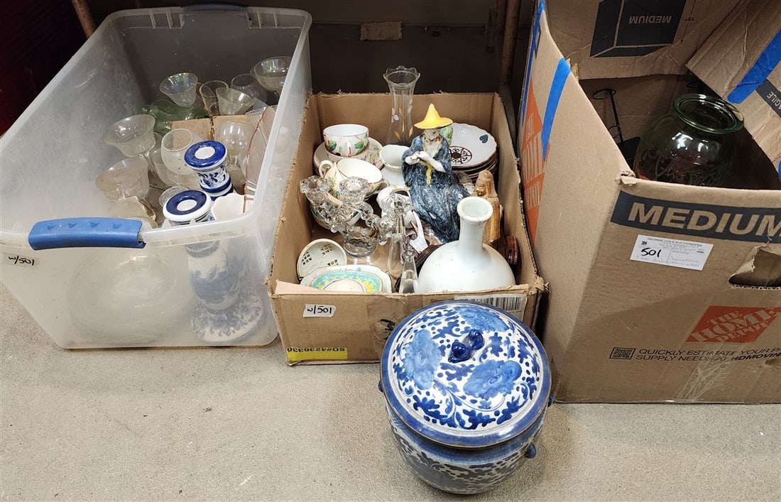 3 Bx's Misc - Stemware, Dishes, Depression Glass, Small Boxes, Etc. (From The Livingston Estate,: 3 Bx's Misc - Stemware, Dishes, Depression Glass, Small Boxes, Etc. (From The Livingston Estate, Teviotdale)