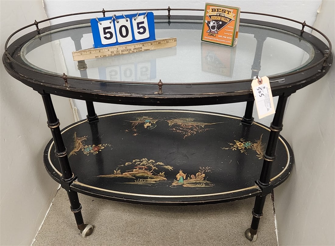 Chinoiserie 2 Tier Rolling Serving Cart 30" H X 38" W X 22" D: Chinoiserie 2 Tier Rolling Serving Cart 30" H X 38" W X 22" D