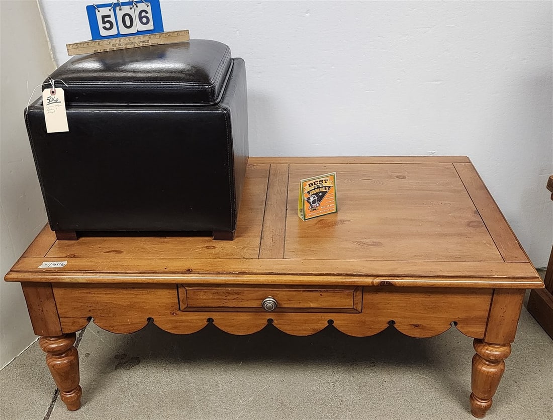 Pine Coffee Table w/Drawers 19 1/2" H X 4' W X 27" D + Tuffet 16" H X 18" Sq. (1 of 7)