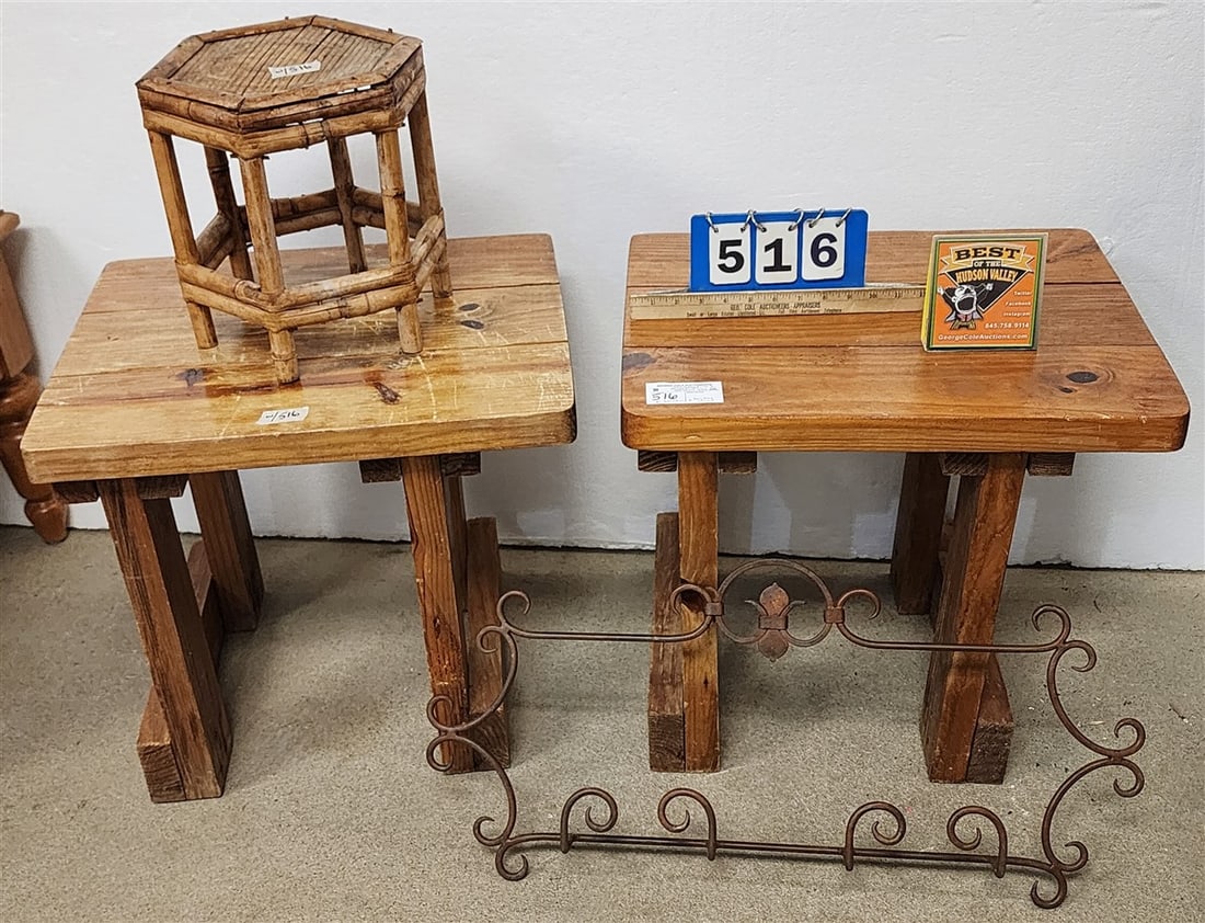 Pr. Pine Benches 19" H X 20 1/2" W X 16 1/2" D + Bamboo Plant Stand 11" H X 10" Diam.: Pr. Pine Benches 19" H X 20 1/2" W X 16 1/2" D + Bamboo Plant Stand 11" H X 10" Diam.