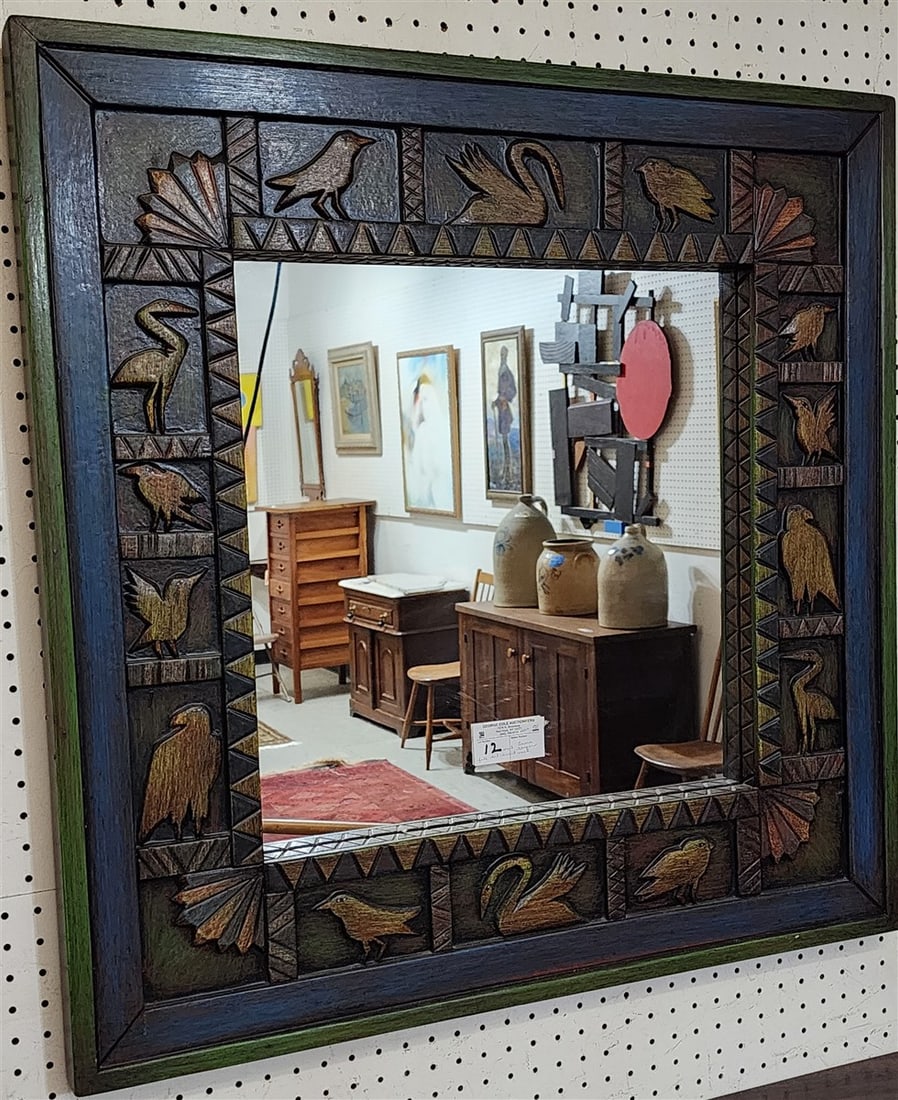 Folk Art Carved Framed Mirror Laura Shapiro 32" Sq. (1 of 3)