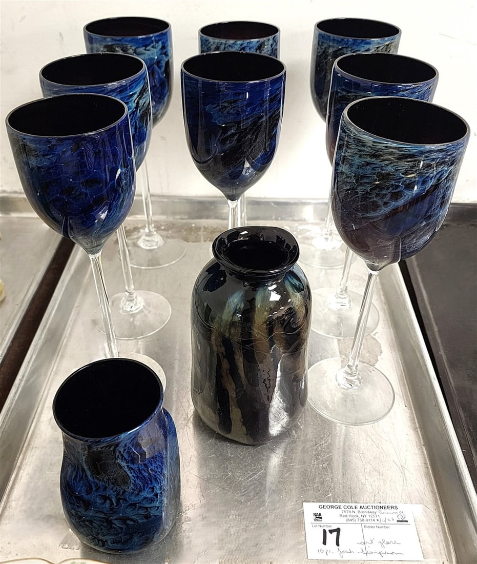 Tray 10 Pcs. Josh Simpson Art Glass - 8- Goblets 9", 2- Vases 6" + 4 1/2", (1 of 9)