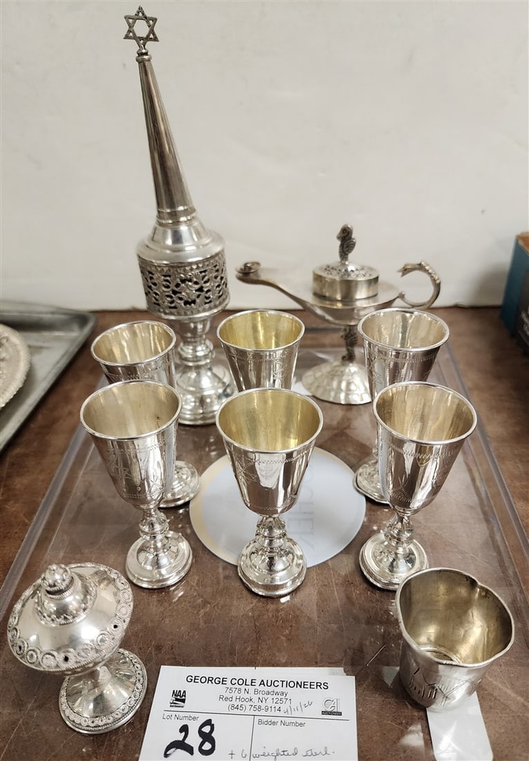 Tray Judaica Sterling - Spice Tower 8" H + Havdalah Spice Tower 3" = 3.18 ozT. + 6- Kiddush Cup (1 of 2)