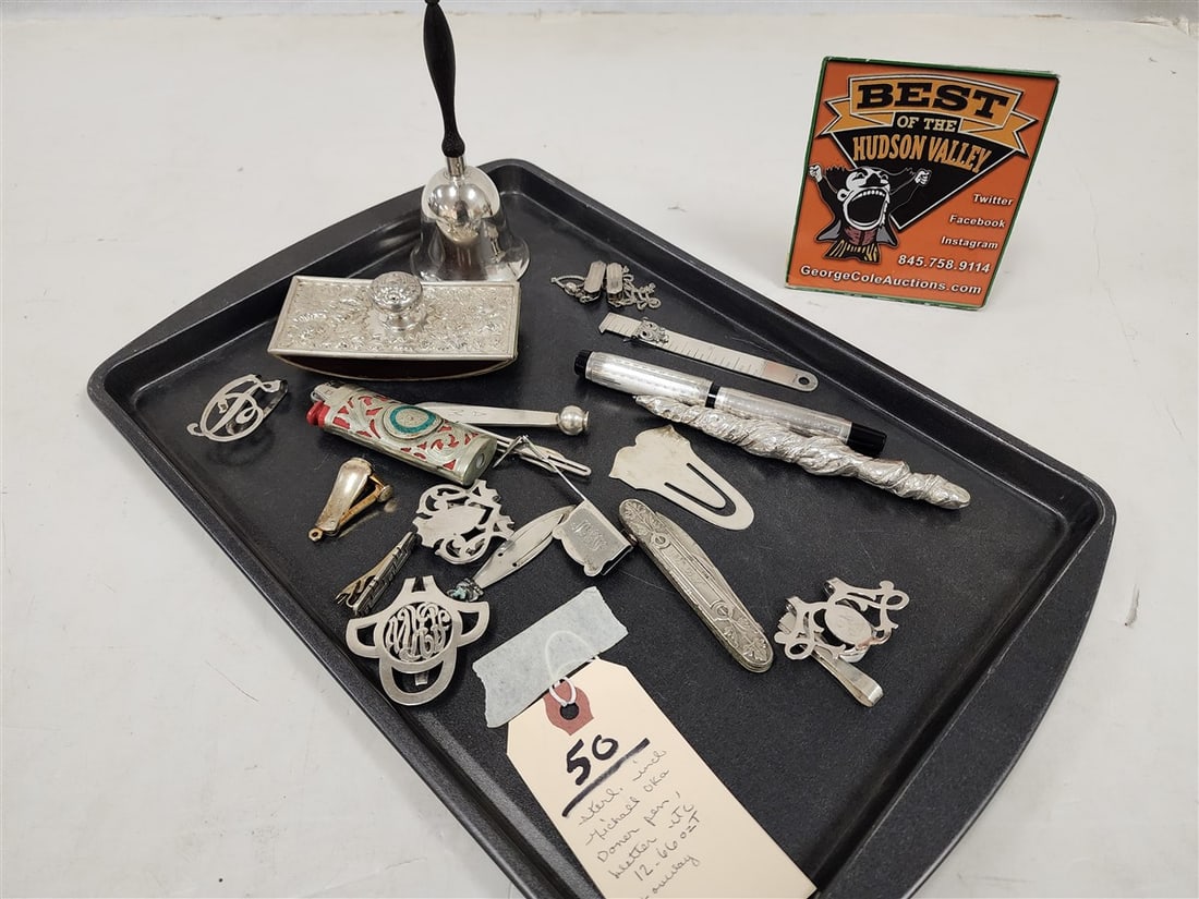 Tray Lot Desk Items Incl. Solid Sterling Pen Sgnd Michael Oka Doner, Book Clips, Napkin Clips, Bell, (1 of 4)