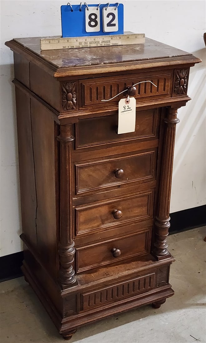 Victorian Walnut Marbletop 3 Drawer Stand w/Fall Front Marble Encased Compartment 34" H X 16 1/2" W (1 of 2)