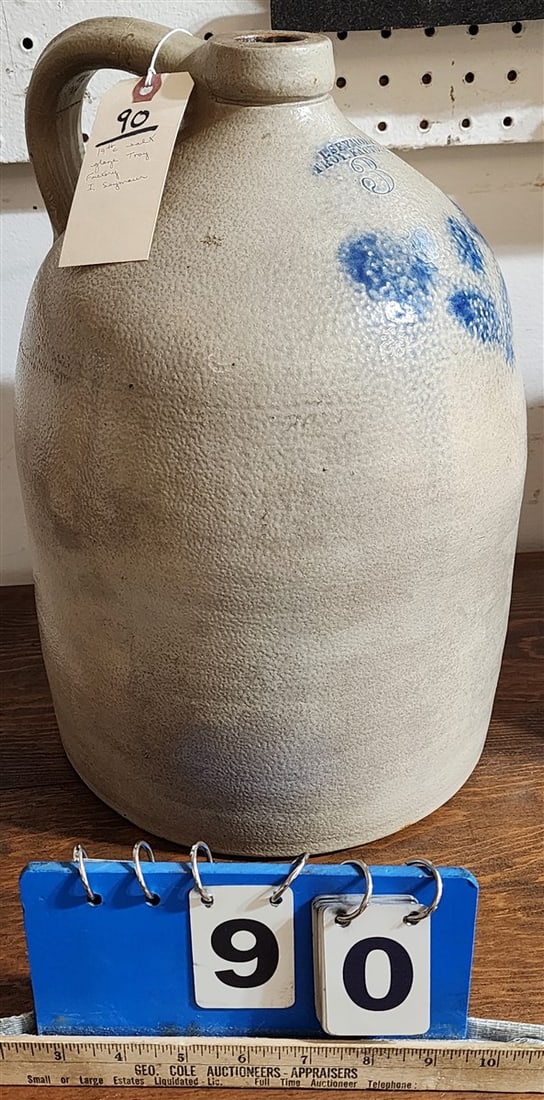 Blue Decorated Salt Glaze Stoneware 3 Gallon Jug I. Seymour Troy Factory (1 of 3)