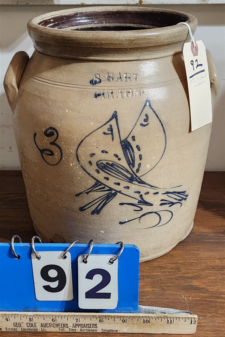 3 Gallon Stoneware Blue Decorated Crock S. Hart Milton (1 of 2)