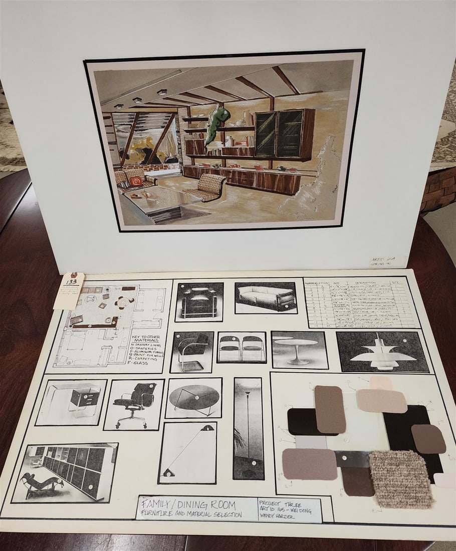 Architects Rendering Of Mid Century Interior Pen & Ink & Watercolor 12 1/2" X 18 1/4" + Design Board (1 of 3)