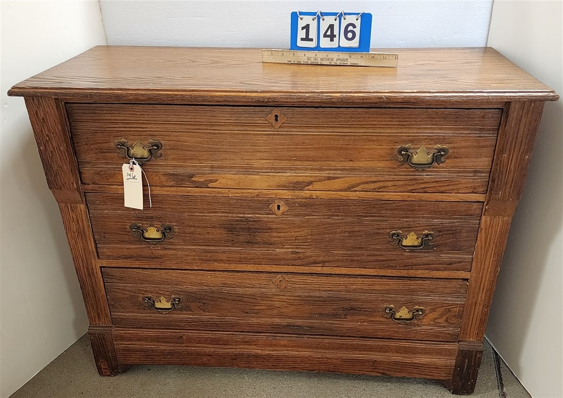 19th C Chestnut 3 Drawer Chest 31" H X 40" W X 17 1/2" D (1 of 3)