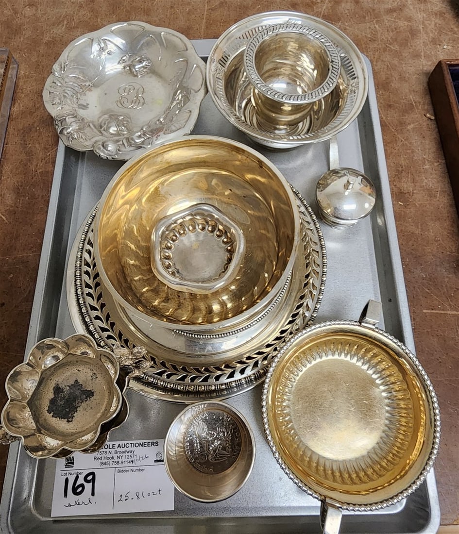 Tray Sterling - Bowls, Salts, Trays, Cartier Shot Glass w/Eisenhower 1974 Coin Base 25.81 ozT. (1 of 4)