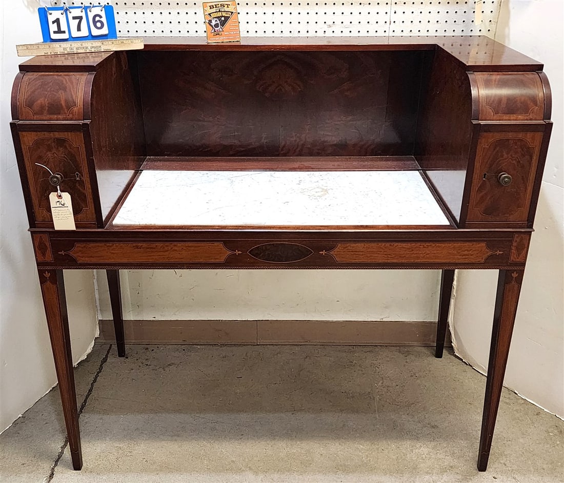 Hepplewhite Style Mahogany Inlaid Marble Top 2 Drawer Liquor Cabinet 44 1/2" H X 47" W X 23" D (1 of 5)