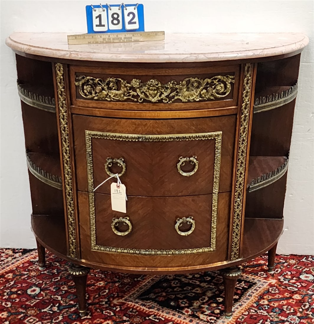 Mahogany Demilune 3 Drawer Marble Top Cabinet w/Ormolu Mounts 36 1/2" H X 40" W X 18 1/2" D (1 of 4)