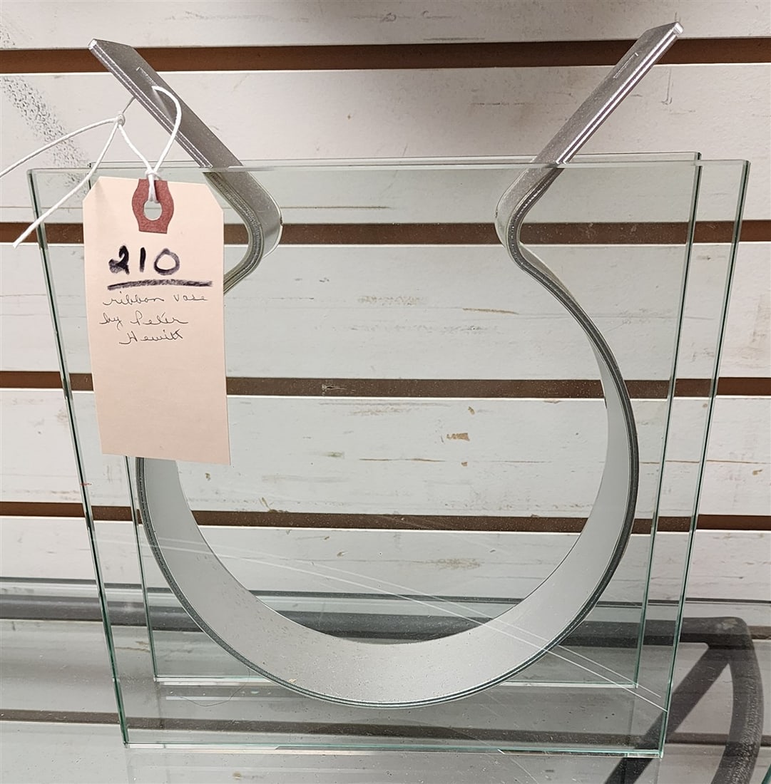 Glass & Metal Ribbon Vase By Peter Hewitt 10 3/4" H X 9 1/2" W X 2 3/4" D (1 of 2)