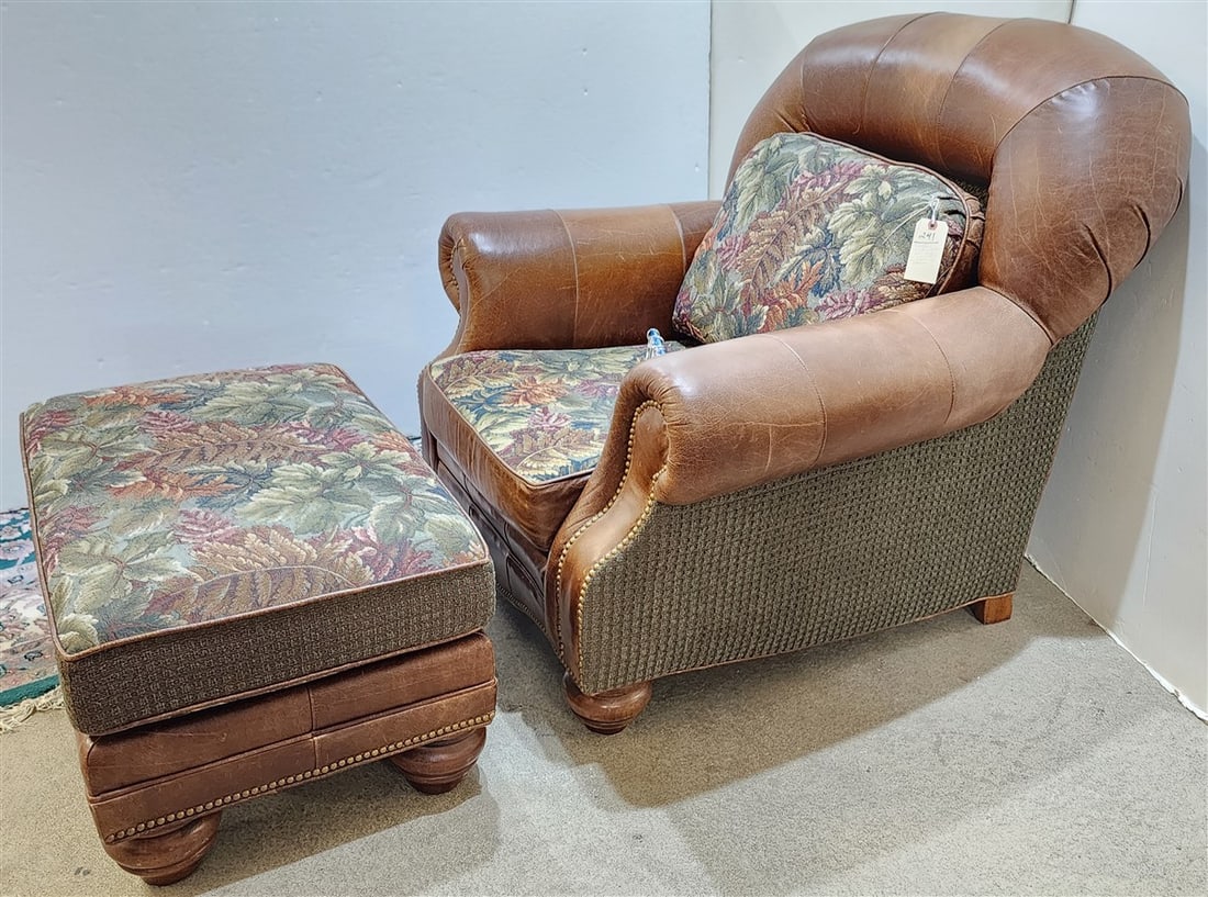 Clayton Marcus Leather & Fabric Club Chair (Cushions Are Reversible Leather/Fabric) 39" H X 41" W X: Clayton Marcus Leather & Fabric Club Chair (Cushions Are Reversible Leather/Fabric) 39" H X 41" W X 22" D w/Matching Ottoman (Reversible) 17" H X 30" W X 21" D