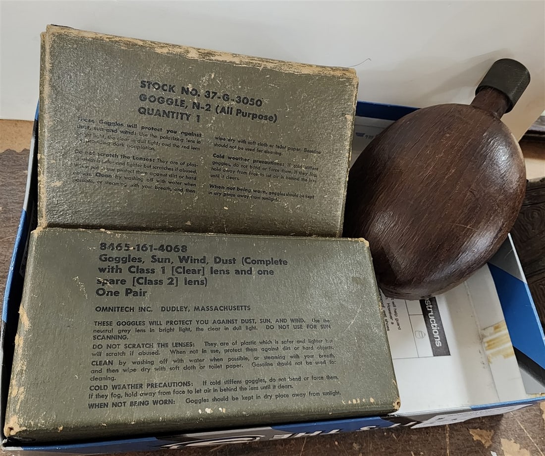 Tray German WWII Coconut Husk Water Bottle 8 1/2" H X 5" W + 2 Bx'd U.S. Sun, Wind & Dust Goggle By (1 of 5)