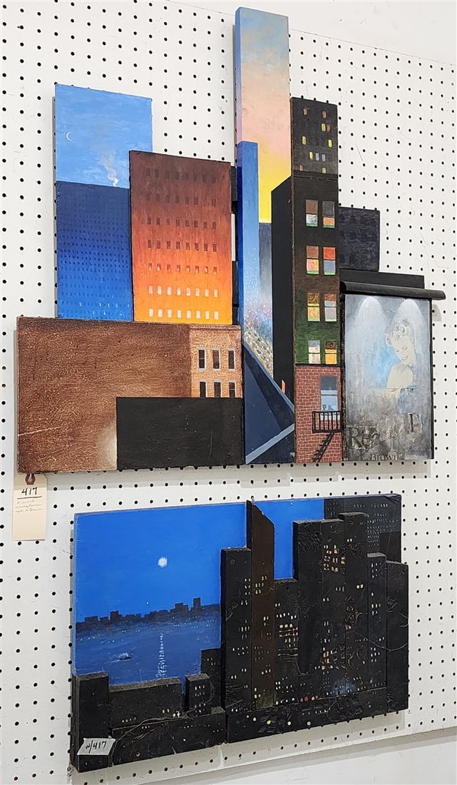 Lot 2 Wood Sculptures City Scapes Sgnd M. Brown 29" X 29" + 14 1/2" X 22 3/4" (1 of 1)