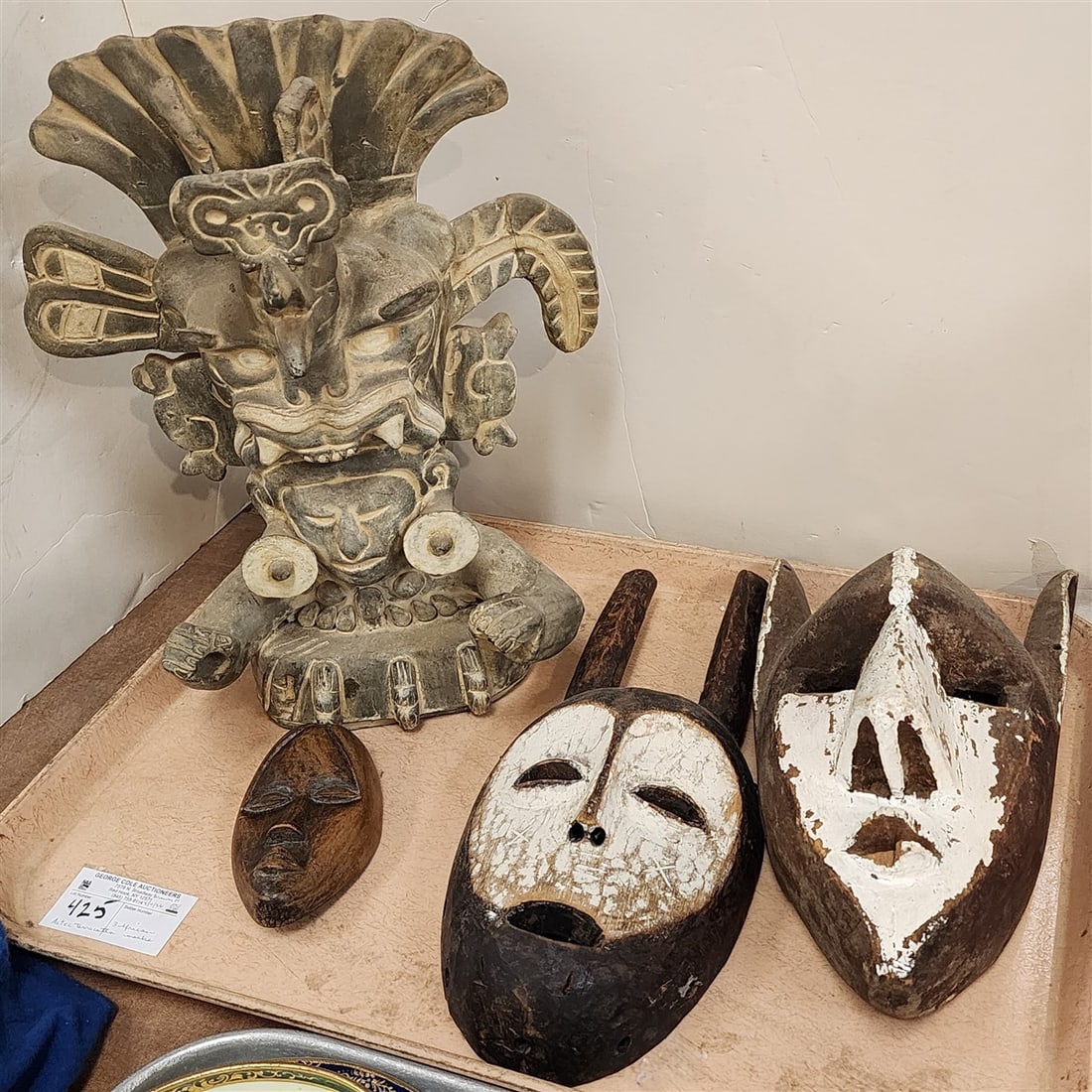 Tray Aztec Terracotta Fertility Figure 16" H + African Wooden Kwele Mask 14" H X 6" W + Aftrican: Tray Aztec Terracotta Fertility Figure 16" H + African Wooden Kwele Mask 14" H X 6" W + Aftrican Wooden Fang Mask 13 1/2" H X 6 1/2" W + Dan Wooden Mask 5 1/2" X 3" W