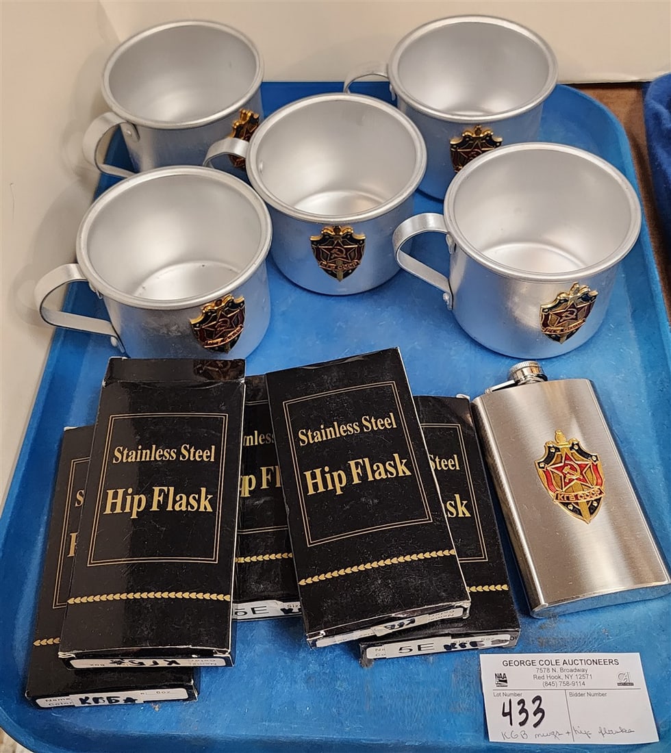 5 Soviet KGB Commemorative Aluminum Cups + 5 KGB Stainless Steel Hip Flasks (1 of 2)