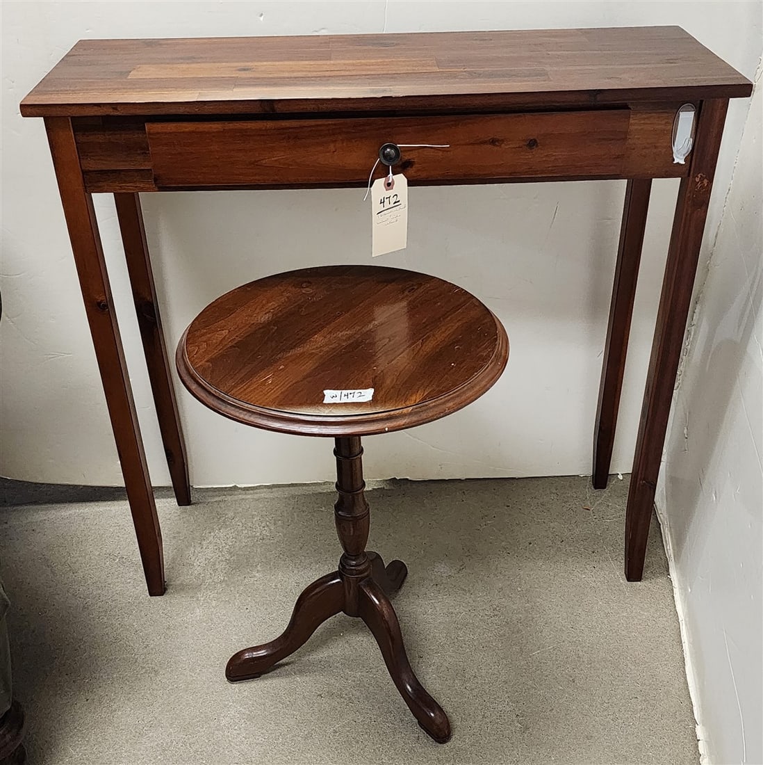 1 Drawer Stand 30" H X 32" W X 12" D + Pedestal Base Walnut Side Table 21 1/2" H X 15" Daim. (1 of 1)